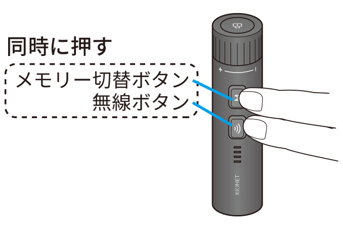 メモリー切替ボタンと無線ボタンを同時に押して、ミュートにします。